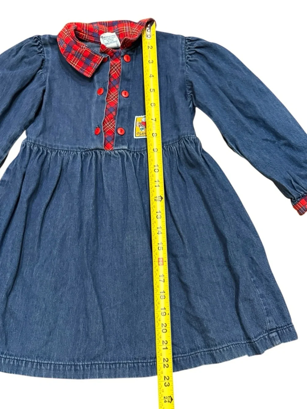 Vintage 80s 90s OSHKOSH Denim Jean Dress Girls Size 5 Plaid Collar MADE IN USA